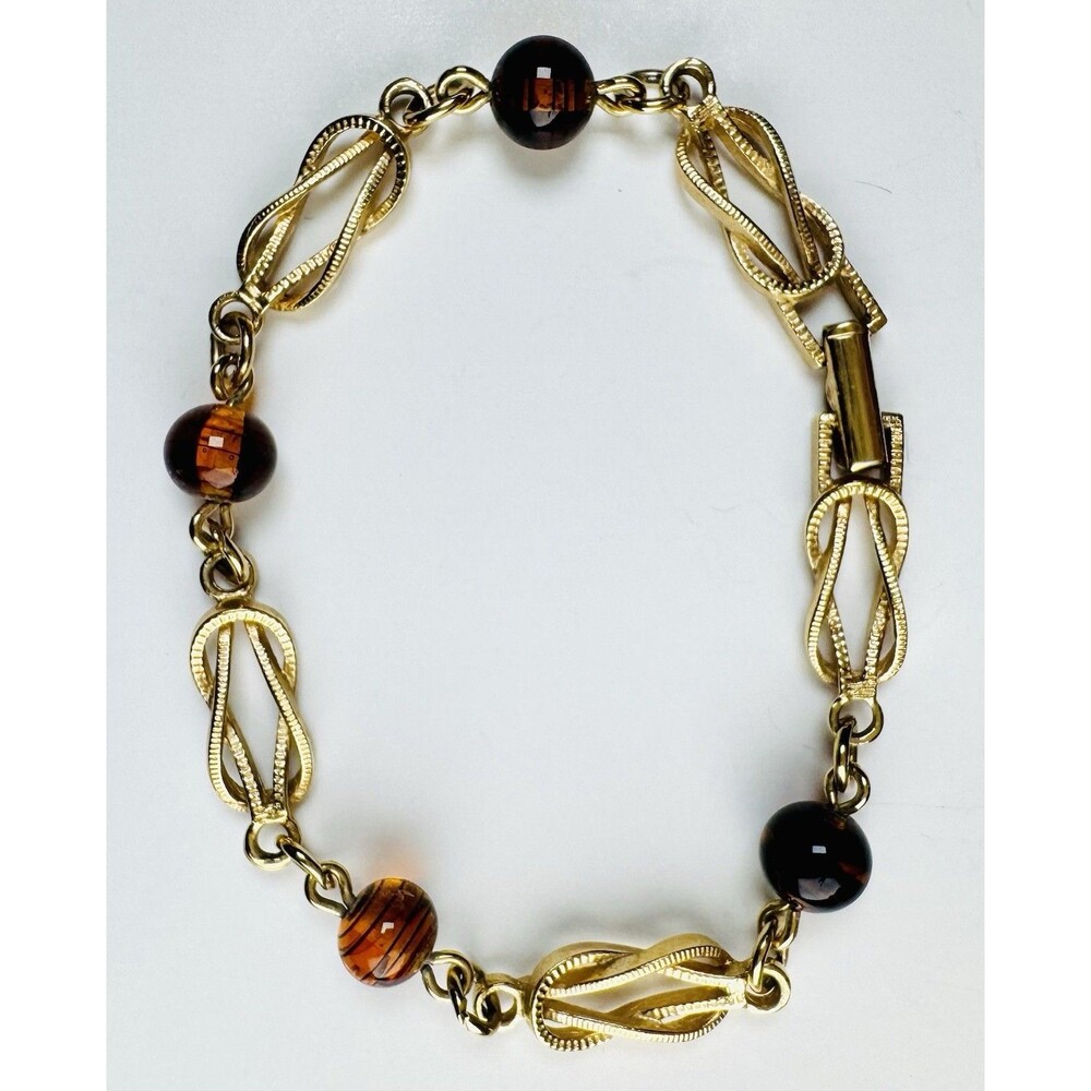 Vintage Avon Bracelet 7” Gold Tone with Amber Glass Beads Link Design